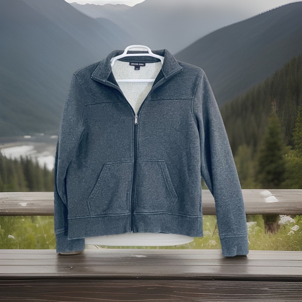 Michael Kors Jacket Mens Large Gray Fleece Bomber Full Zip Stand Collar